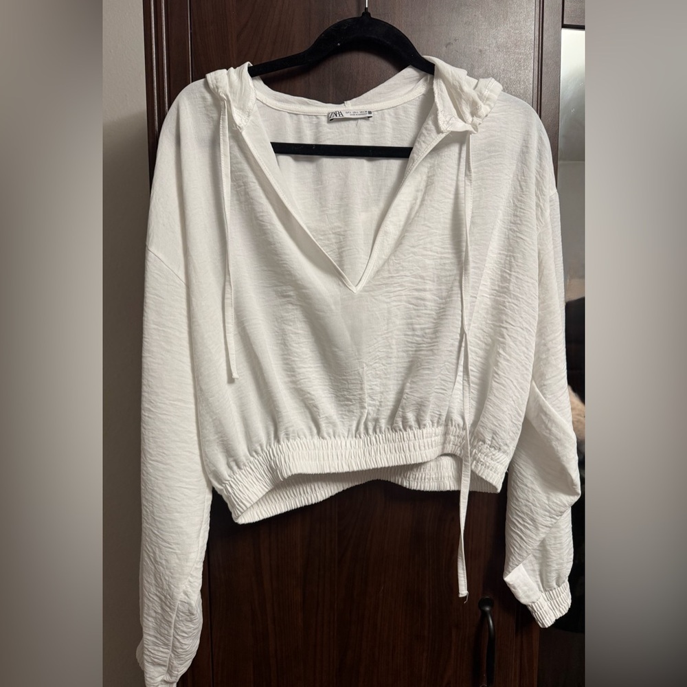 Zara White Long Sleeve Crop Blouse with Sailor Collar